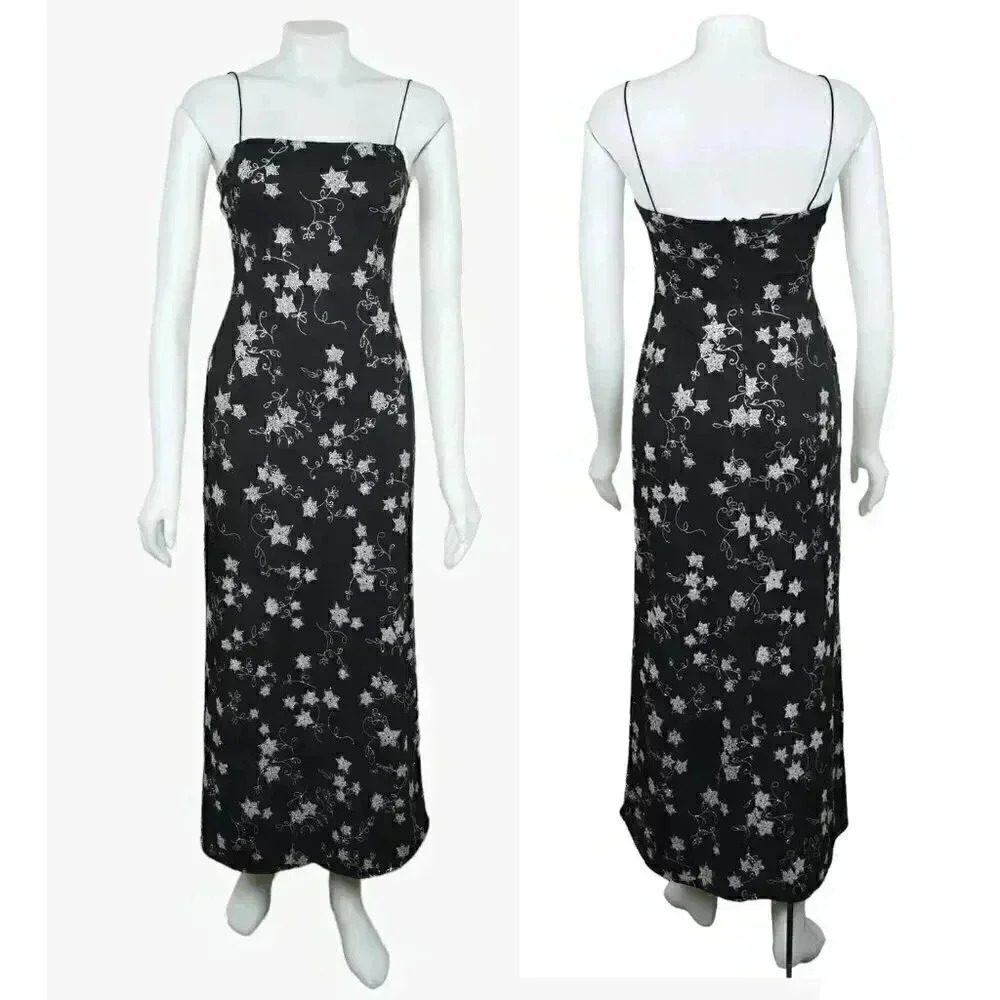 Vintage JS Boutique Black Silver Beaded Maxi Dress Shimmer Glitter Size 2